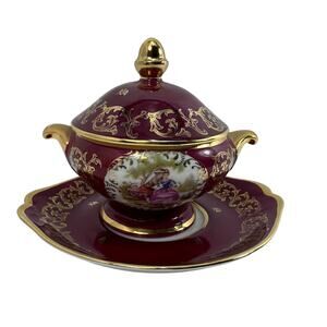 Limoges‎ France Porcelain Covered Dish with Plate Gold Trim Floral Decor